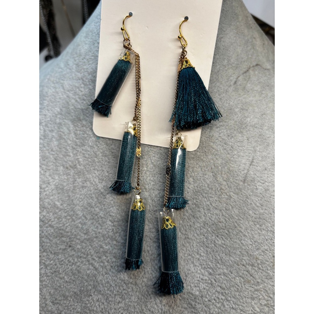 #13. Long Gold-Tone Tiered Teal Blue Tassel Dangle Earrings Boho Statement